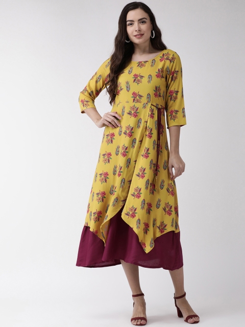 

RANGMAYEE Women Mustard Yellow & Maroon Floral Printed Layered Maxi Dress
