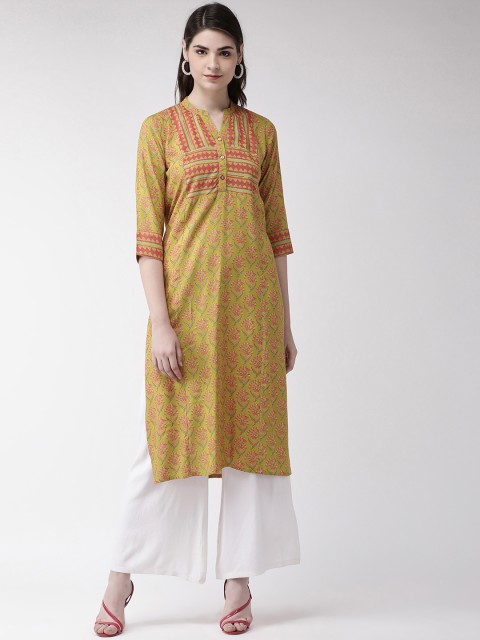 

RANGMAYEE Women Green & Pink Floral Printed Straight Kurta