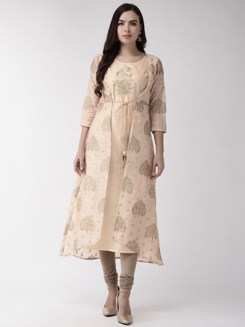 

RANGMAYEE Women Peach-Coloured & Golden Layered Printed A-Line Kurta