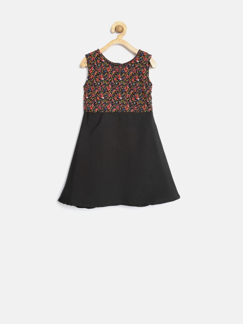 

YK Girls Black Polyester Floral Print A-Line Dress