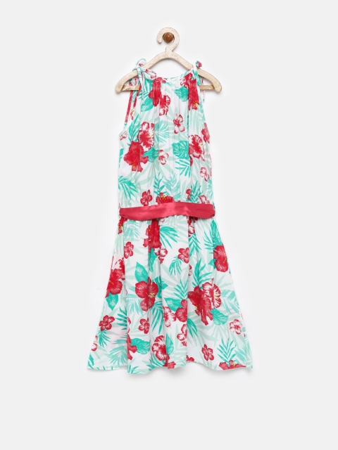 

YK Girls White & Green Tropical Print Fit & Flare Dress