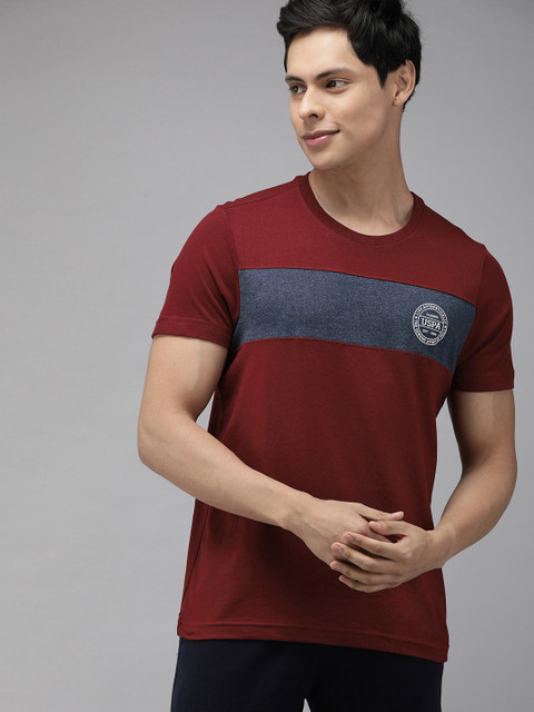 

U.S. Polo Assn. Men Maroon & Blue Colourblocked Round Neck Lounge T-shirt