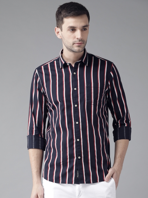 

Blackberrys Men Navy Blue & Red Slim Fit Striped Casual Shirt