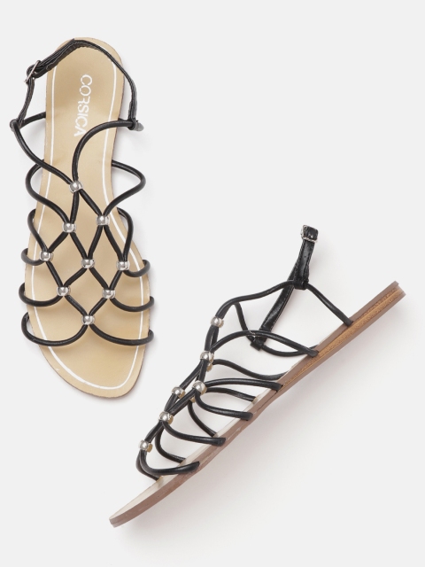 Women Black & Silver-Toned Beaded Gladiators