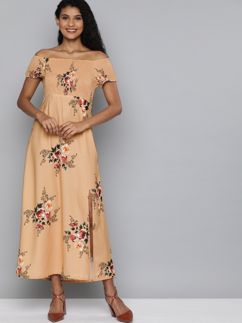 

HERE&NOW Women Beige & Green Printed A-Line Dress