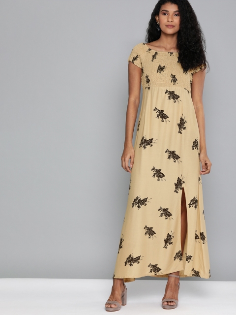 

HERE&NOW Women Beige & Black Printed Maxi Dress with Smocked Detail