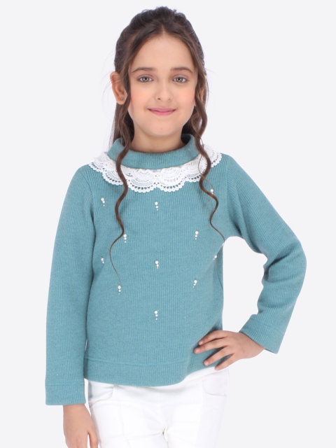 

CUTECUMBER Girls Teal Blue & White Self Design Top