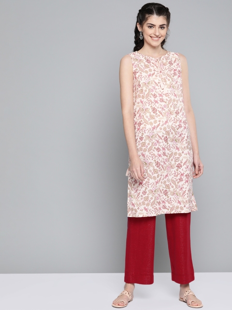 

HERE&NOW Women Beige & Maroon Printed Straight Kurta