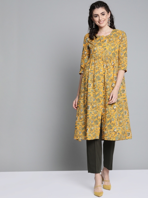 

HERE&NOW Women Mustard Yellow & Green Printed A-Line Kurta