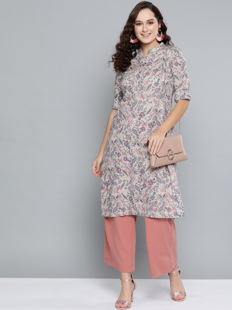 

HERE&NOW Women Grey & Pink Printed Straight Kurta