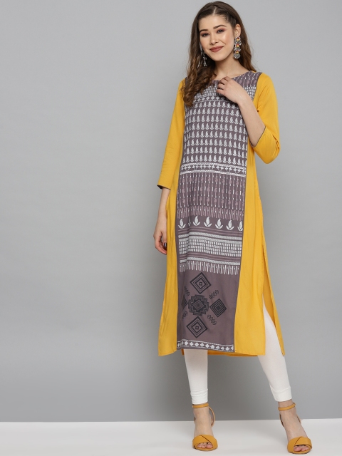

HERE&NOW Women Mauve & Mustard Yellow Printed Straight Kurta