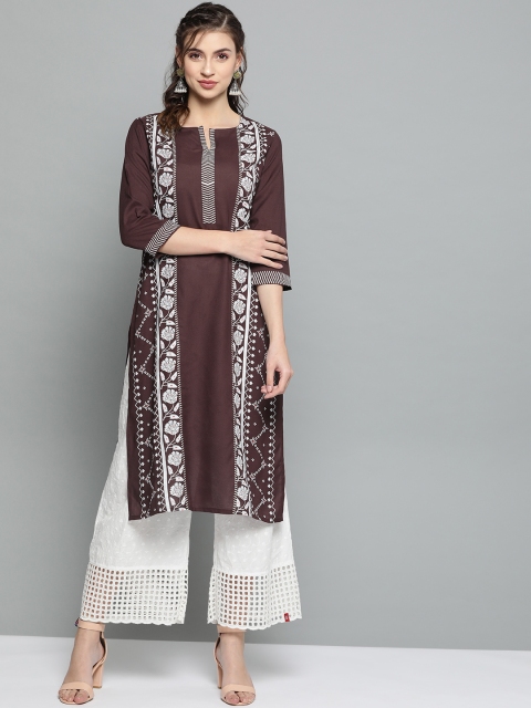 

HERE&NOW Women Burgundy & White Printed Straight Kurta