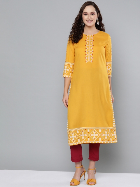 

HERE&NOW Women Mustard Yellow Yoke Design Straight Kurta