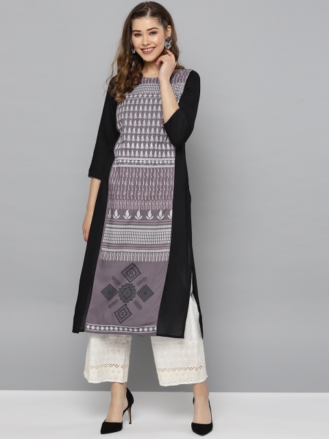 

HERE&NOW Women Mauve & Black Printed Straight Kurta