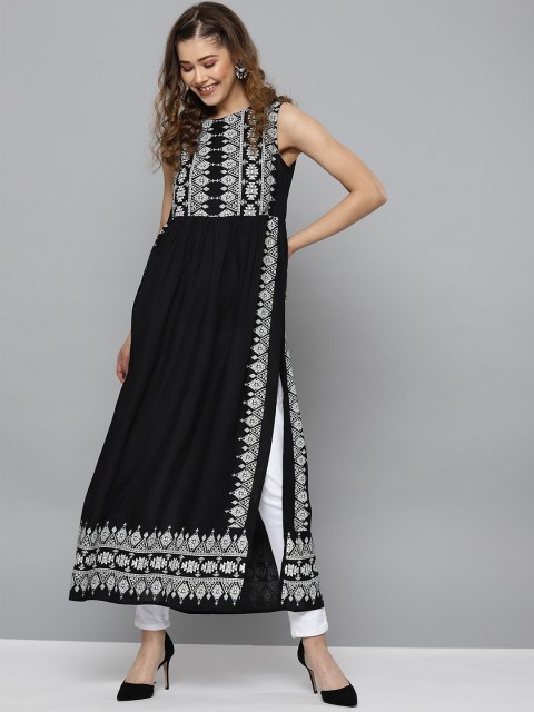 

HERE&NOW Women Black & White Printed High-Slit A-Line Kurta