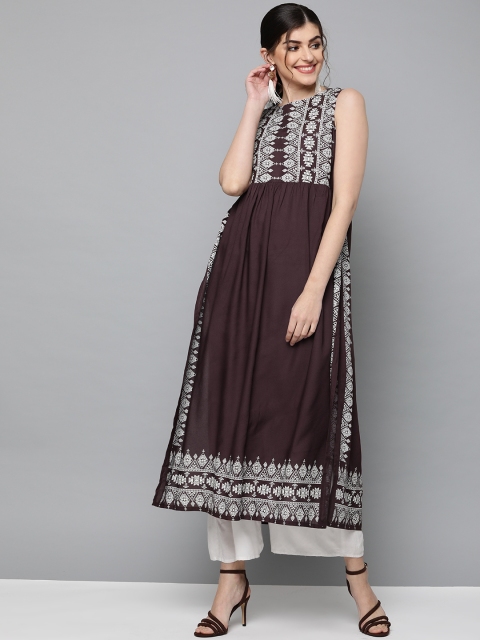 

HERE&NOW Women Burgundy & White Printed A-Line Kurta