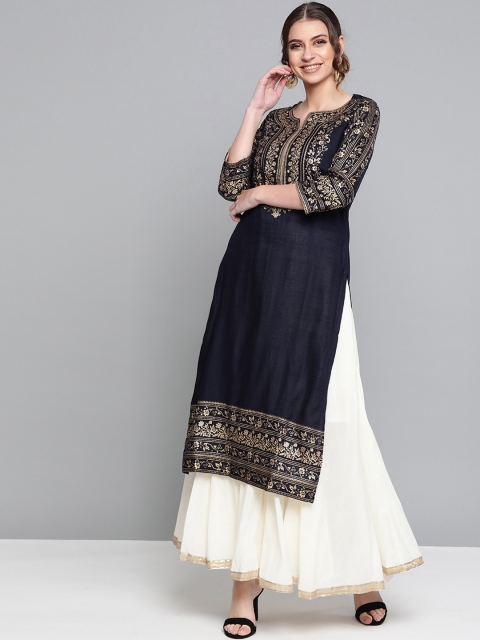 

HERE&NOW Women Navy Blue & Golden Yoke Design Straight Kurta