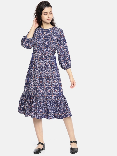 

AND Women Blue Printed A-Line Flare Dress