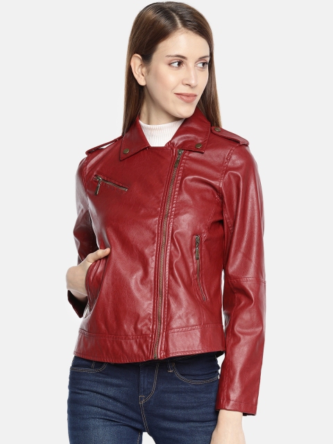 

AND Women Maroon Solid Biker Jacket