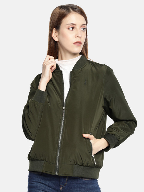 

AND Women Olive Green Solid Bomber Jacket