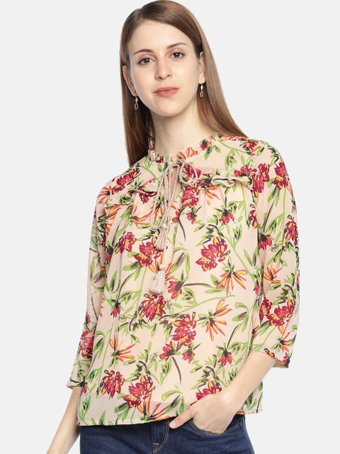 

AND Women Beige & Green Printed Top With Ruffle Detail