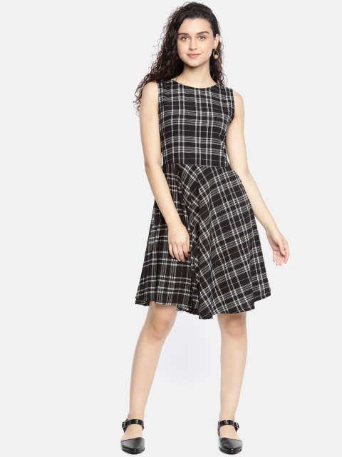 

AND Women Black & White Checked Fit and Flare Dress