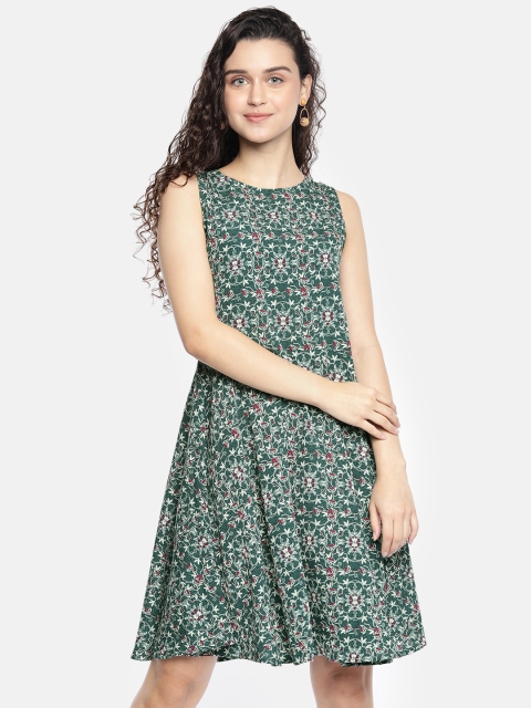 

AND Women Green & Beige Printed Fit and Flare Dress