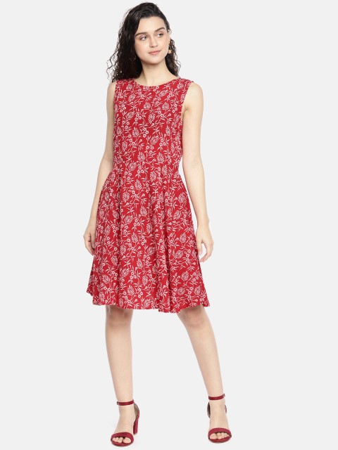 

AND Women Red & White Printed Fit and Flare Dress
