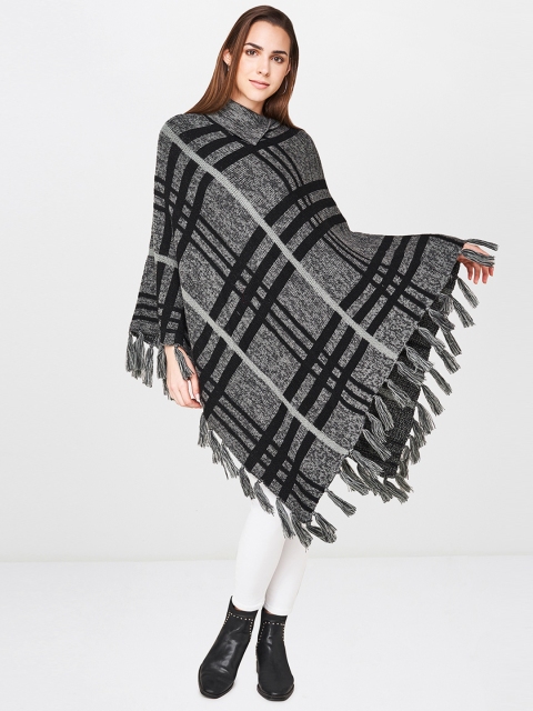 

AND Women Grey & Black Checked Poncho Sweater