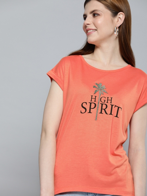 

Mast & Harbour Women Coral Orange Printed Round Neck T-shirt