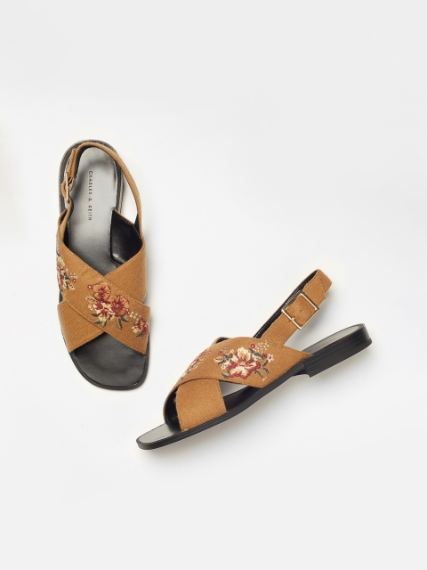 

CHARLES & KEITH Women Tan Brown Embellished Synthetic Patent Open Toe Flats