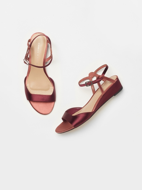 

CHARLES & KEITH Women Burgundy Solid Synthetic Patent Open Toe Flats