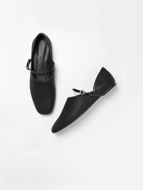 

CHARLES & KEITH Women Black Solid Synthetic Patent Open Toe Flats