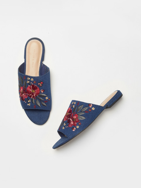 

CHARLES & KEITH Women Blue Embellished Synthetic Patent Open Toe Flats