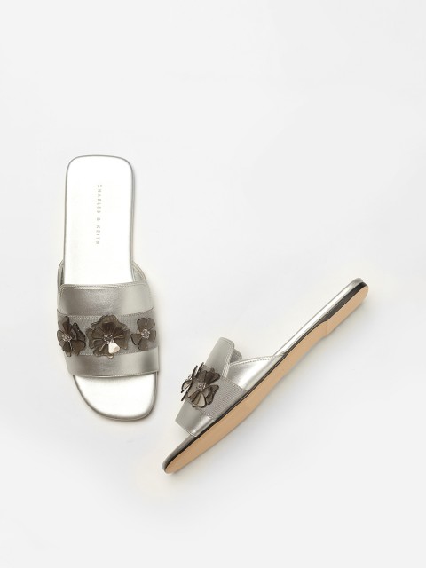 

CHARLES & KEITH Women Silver-Toned Embellished Synthetic Patent Open Toe Flats