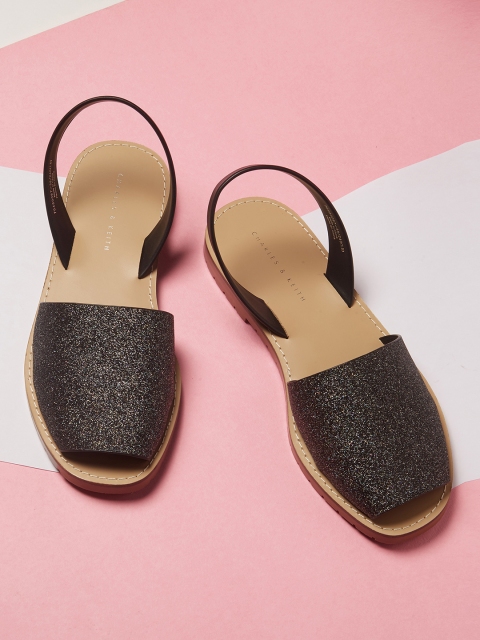 

CHARLES & KEITH Women Black Embellished Synthetic Patent Open Toe Flats