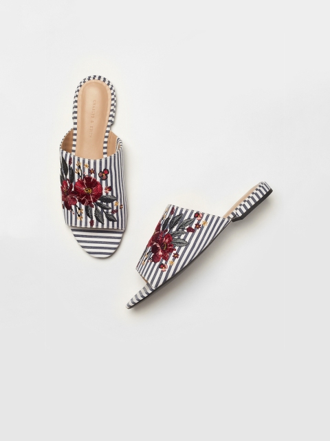 

CHARLES & KEITH Women White Striped Synthetic Patent Open Toe Flats
