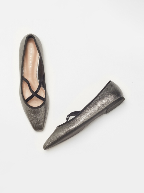 

CHARLES & KEITH Women Gunmetal-Toned Solid Synthetic Patent Ballerinas, Metallic