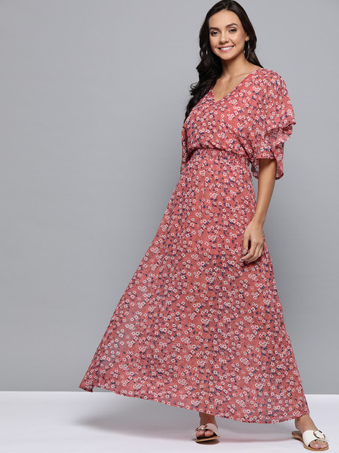 

Mast & Harbour Women Rust Red & White Floral Printed Wrap Maxi Dress