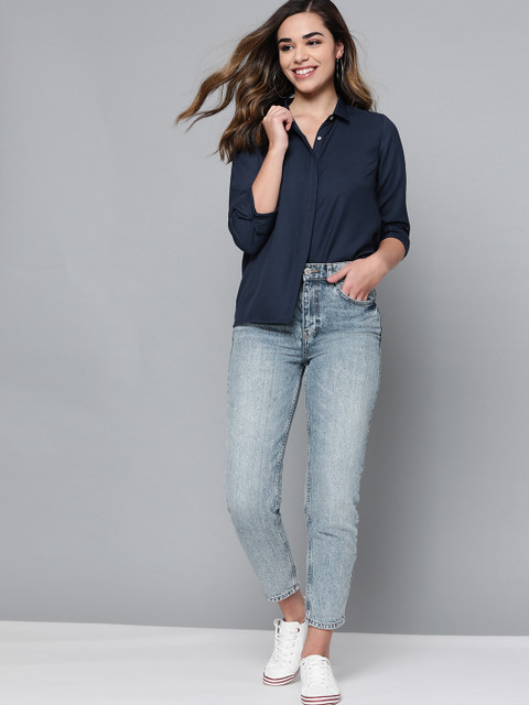 

Mast & Harbour Women Navy Blue Regular Fit Solid Casual Shirt