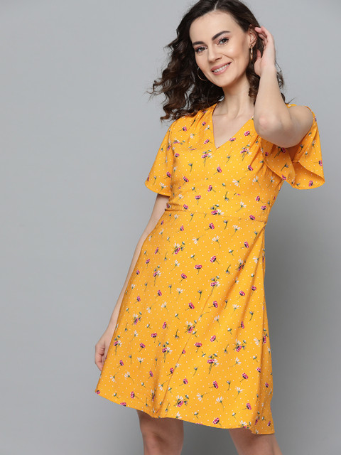 

Mast & Harbour Women Mustard Yellow & Pink Floral Printed A-Line Dress
