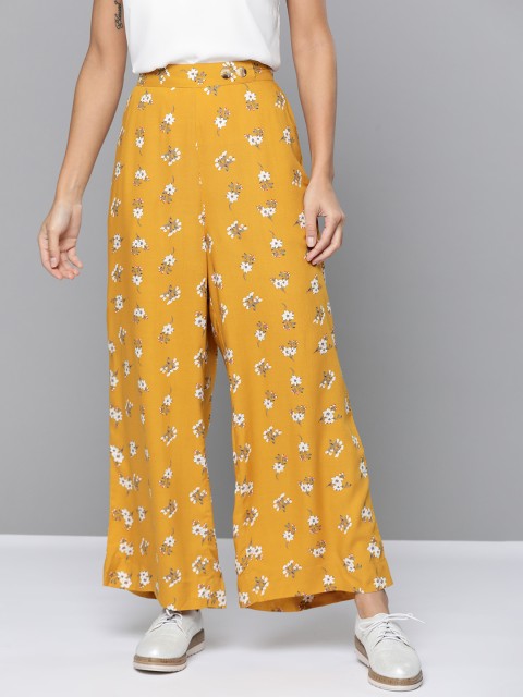 

Mast & Harbour Women Mustard Yellow & White Regular Fit Printed Parallel Trousers