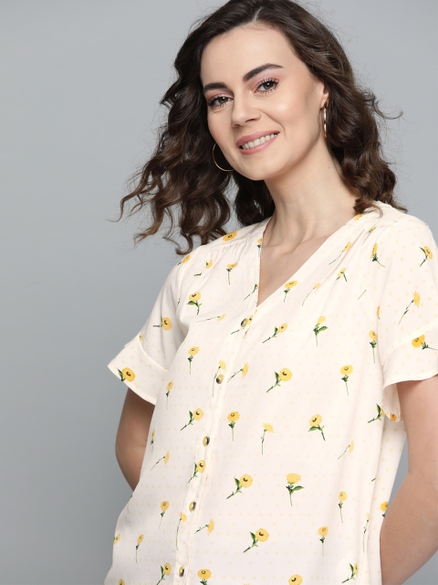 

Mast & Harbour Women Cream-Coloured & Mustard Yellow Floral Print Top