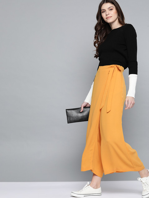 

Mast & Harbour Women Mustard Yellow Solid Parallel Trousers