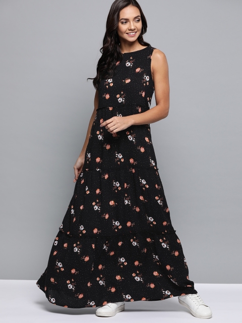

Mast & Harbour Women Black & Orange Floral Printed Tiered Maxi Sustainable ECOVERO Dress