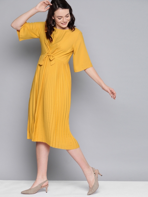 

Mast & Harbour Women Mustard Yellow Solid Accordion Pleated A-Line Dress with Tie-Ups