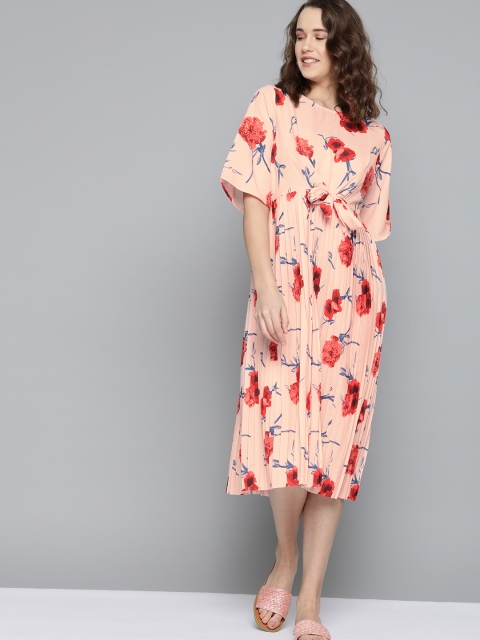 

Mast & Harbour Women Peach-Coloured & Red Accordion Pleat Floral Print A-Line Dress