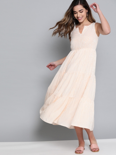 

Mast & Harbour Women Off-White & Mustard Yellow Striped Tiered A-Line Sustainable Dress