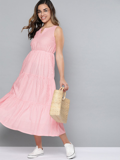 

Mast & Harbour Women Pink & White Striped Tiered Midi A-Line Dress