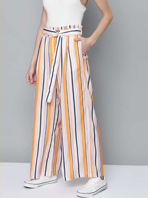 

Mast & Harbour Women White & Orange Regular Fit Striped Parallel Trousers